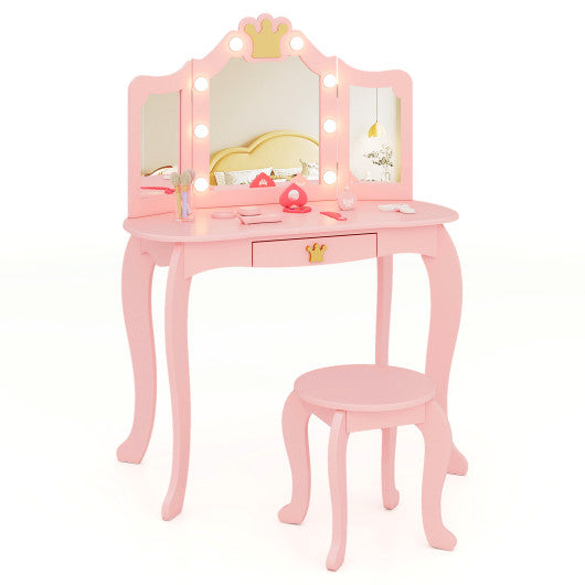 Kids Vanity Set with Tri-fold Lighted Mirror Detachable Top and Stool-Pink