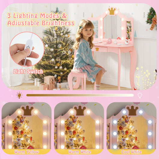 Kids Vanity Set with Tri-fold Lighted Mirror Detachable Top and Stool-Pink