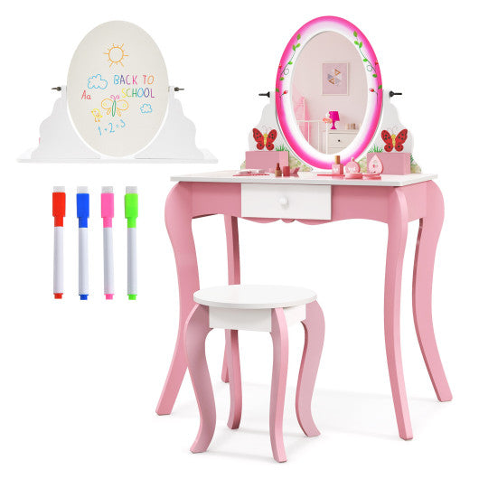 Kids Vanity Table and Stool Set with 360¡ã Rotating Mirror and Whiteboard-Pink