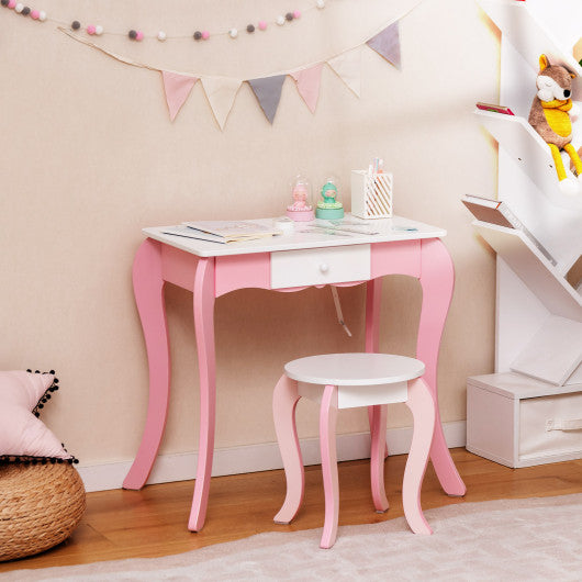 Kids Vanity Table and Stool Set with 360¡ã Rotating Mirror and Whiteboard-Pink