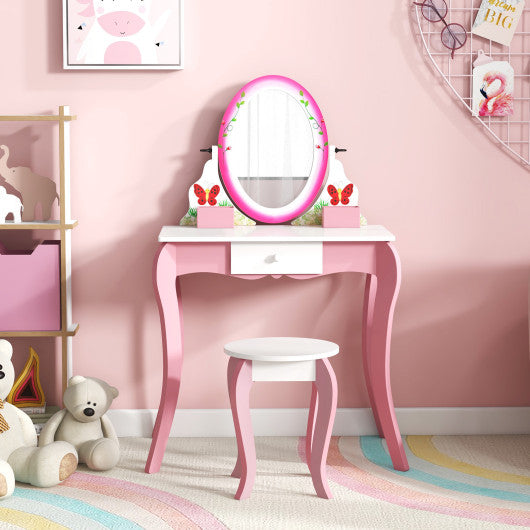 Kids Vanity Table and Stool Set with 360¡ã Rotating Mirror and Whiteboard-Pink