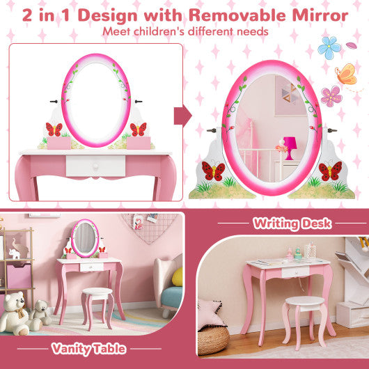 Kids Vanity Table and Stool Set with 360¡ã Rotating Mirror and Whiteboard-Pink