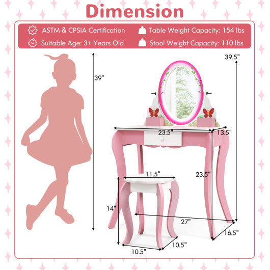 Kids Vanity Table and Stool Set with 360¡ã Rotating Mirror and Whiteboard-Pink