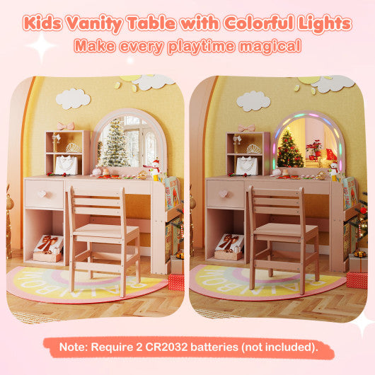 Kids Vanity Table and Chair Set with Lighted Mirror for Kids Aged 3+ Years Old-Pink