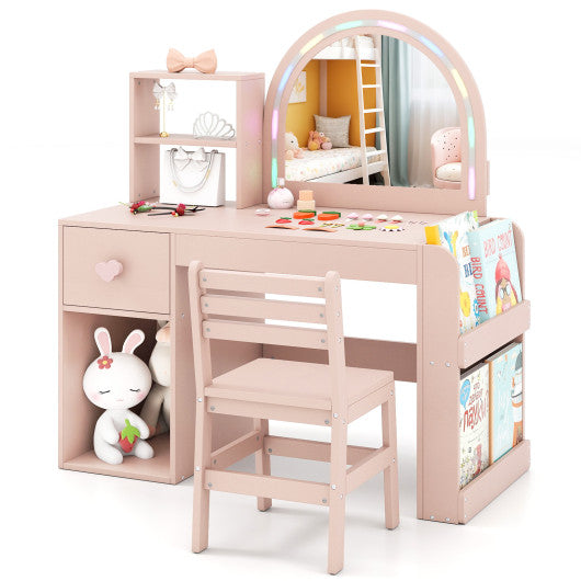 Kids Vanity Table and Chair Set with Lighted Mirror for Kids Aged 3+ Years Old-Pink