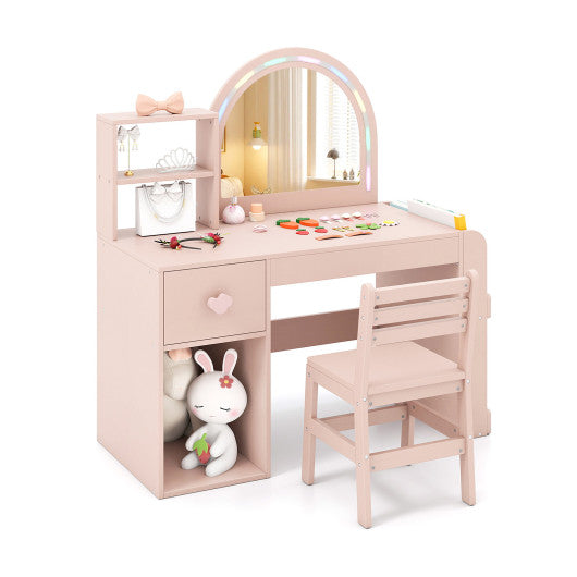 Kids Vanity Table and Chair Set with Lighted Mirror for Kids Aged 3+ Years Old-Pink