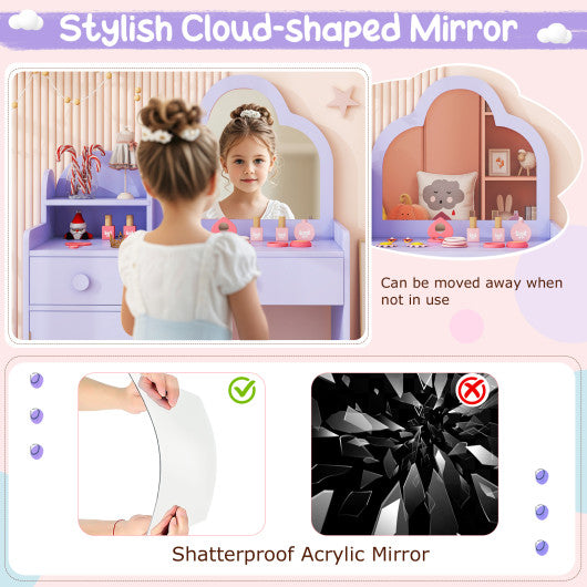Kids Vanity Table and Chair Set with Cloud-shaped Mirror and Open Shelf-Purple
