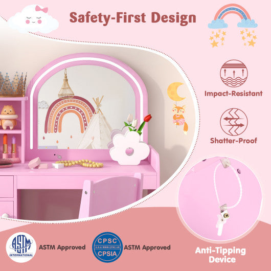 Kids Vanity Table and Chair Set with Shelves Drawer and Cabinet-Pink