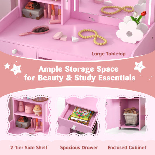 Kids Vanity Table and Chair Set with Shelves Drawer and Cabinet-Pink