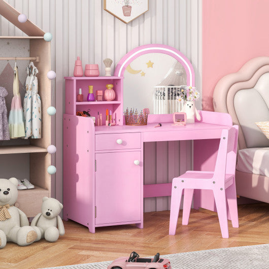 Kids Vanity Table and Chair Set with Shelves Drawer and Cabinet-Pink