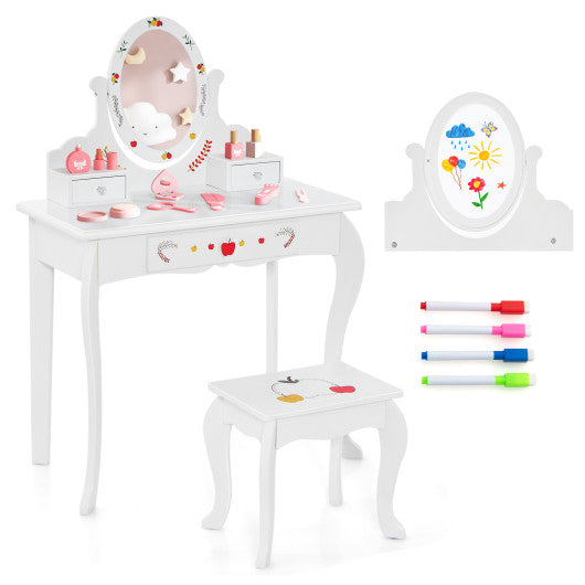 Kids Vanity and Stool Set with 360¡ã Rotatable Mirror and Whiteboard-White