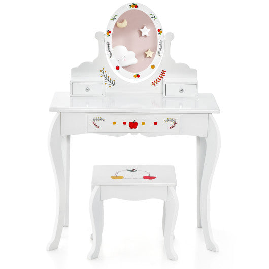 Kids Vanity and Stool Set with 360¡ã Rotatable Mirror and Whiteboard-White