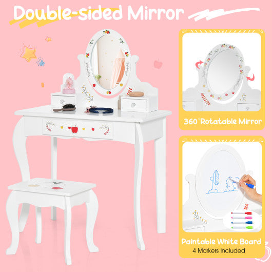 Kids Vanity and Stool Set with 360¡ã Rotatable Mirror and Whiteboard-White