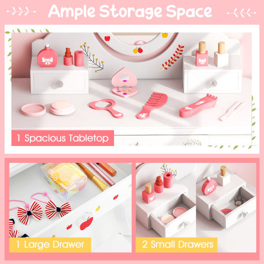 Kids Vanity and Stool Set with 360¡ã Rotatable Mirror and Whiteboard-White