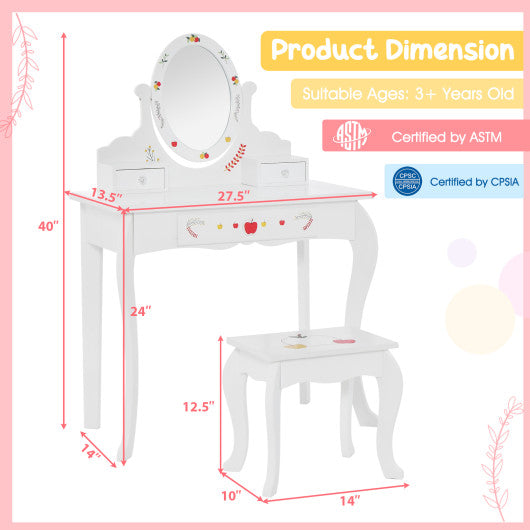 Kids Vanity and Stool Set with 360¡ã Rotatable Mirror and Whiteboard-White