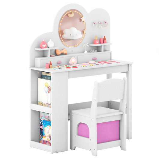 Kids Vanity with Lights Princess Vanity Table and Chair Set with 2 Drawers and 2-Tier Bookshelf-White