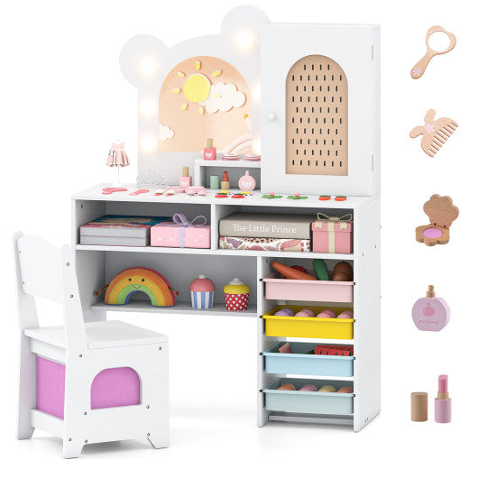 Kids Vanity with Lights and 5 Drawers for Kids Aged 3+ Years Old-White