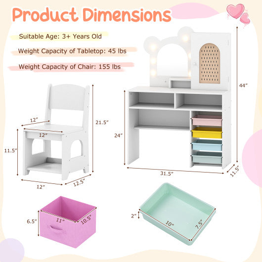 Kids Vanity with Lights and 5 Drawers for Kids Aged 3+ Years Old-White