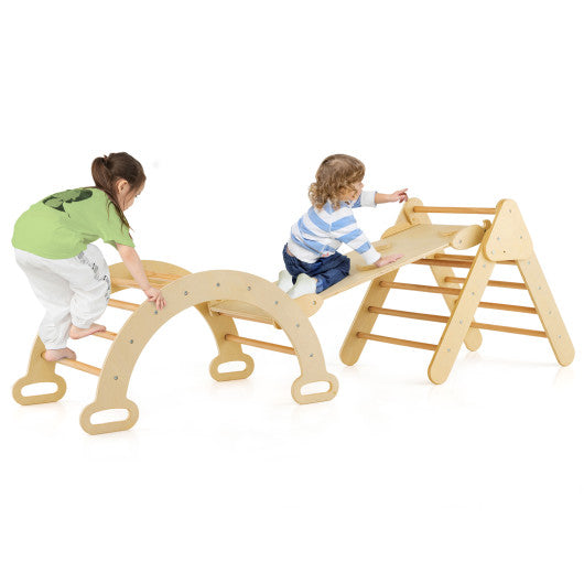 5-in-1 Wooden Kids Climber Toys with Triangle Arch Ramp-Natural