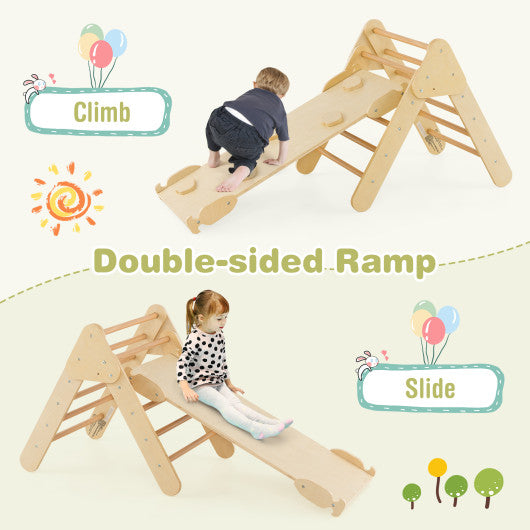 5-in-1 Wooden Kids Climber Toys with Triangle Arch Ramp-Natural