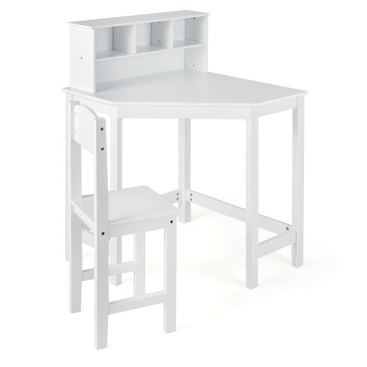 Kids Wooden Corner Desk and Chair Set with Hutch and Storage-White