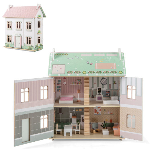 Kids Wooden Dollhouse 3 Level with Double-Sided Roofs and Doors-Pink