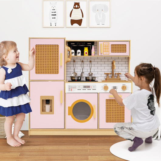 Kids Wooden Kitchen Playset with Realistic Lights and Sounds-Pink