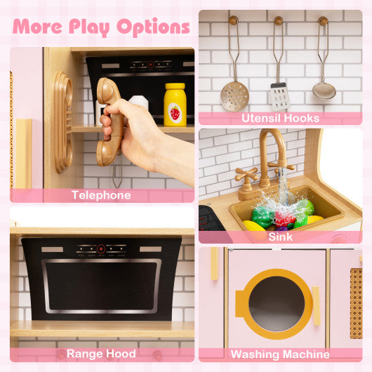 Kids Wooden Kitchen Playset with Realistic Lights and Sounds-Pink
