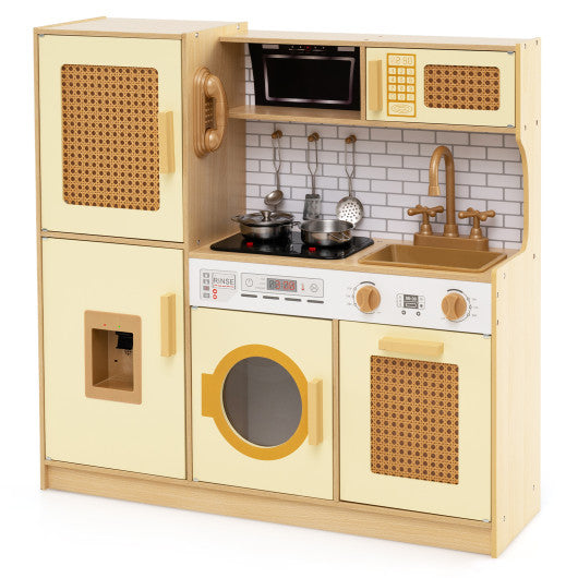 Kids Wooden Kitchen Playset with Realistic Lights and Sounds-Yellow