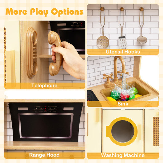 Kids Wooden Kitchen Playset with Realistic Lights and Sounds-Yellow