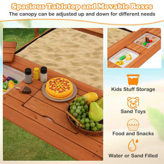 Kids Wooden Sand Box with Foldable Picnic Sensory Table and Bench-Natural