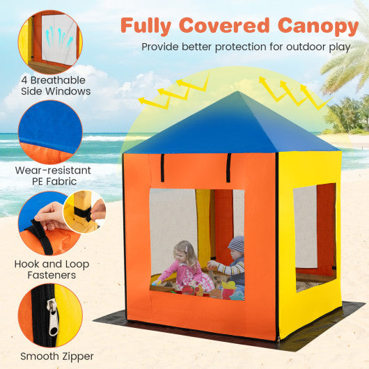 Kids Wooden Sandbox with Canopy Large Sand Pit with Mesh Windows and Bottom Liner-Multicolor
