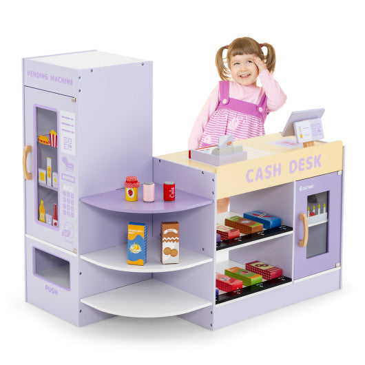 Kids Wooden Supermarket Play Toy Set with Checkout Counter-Purple