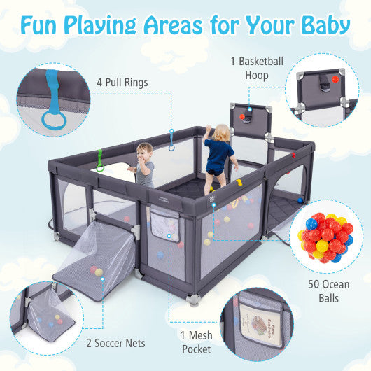Large Baby Playpen with Mat and Ocean Balls-Dark gray