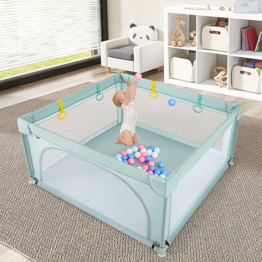 Large Kids Activity Center Baby Playpen for Toddlers with 4 Pull Rings-Blue