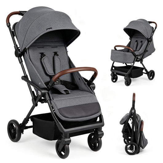 Lightweight Baby Stroller with One-Hand Folding and Adjustable Canopy for Toddlers-Gray