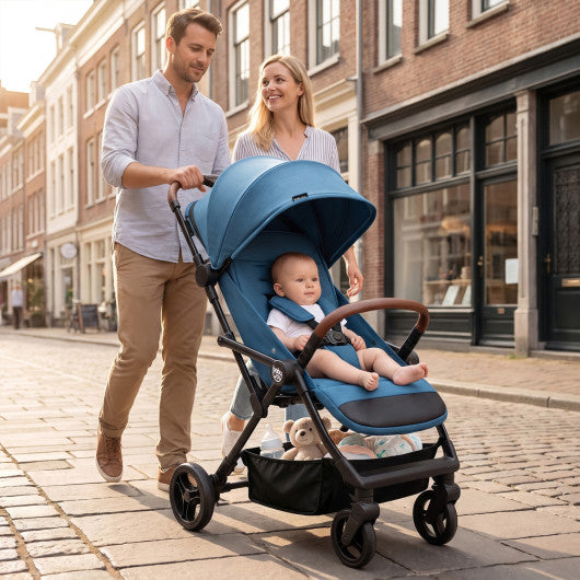 Lightweight Baby Stroller with One-Hand Folding and Adjustable Canopy for Toddlers-Blue
