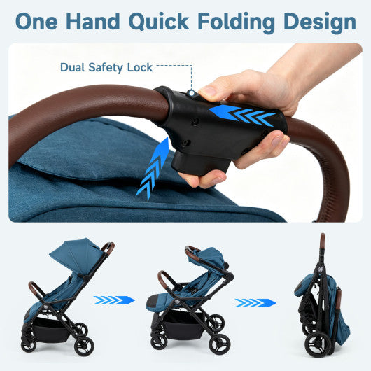 Lightweight Baby Stroller with One-Hand Folding and Adjustable Canopy for Toddlers-Blue