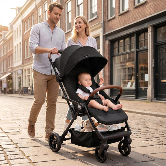 Lightweight Baby Stroller with One-Hand Folding and Adjustable Canopy for Toddlers-Black