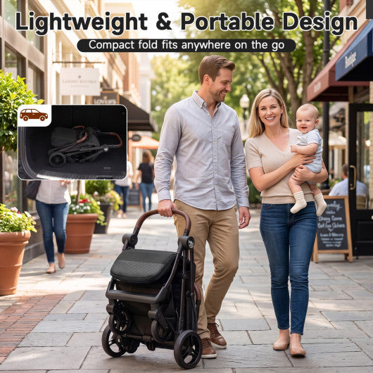 Lightweight Baby Stroller with One-Hand Folding and Adjustable Canopy for Toddlers-Black