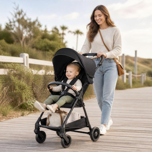 Lightweight Travel Stroller with Canopy and Under-Seat Basket for Baby and Toddler-Black