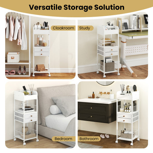 Makeup Organizer Floor Skincare Organizer Cart with Drawers and Storage Shelves-White