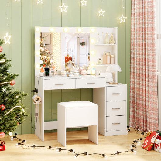 Makeup Table and Stool Set with Hair Dryer Stand-White