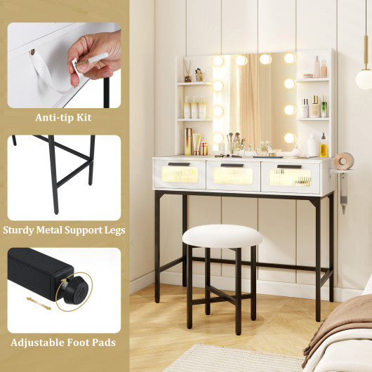 Bedroom Makeup Vanity Desk with Hollywood Mirror and Lights-White