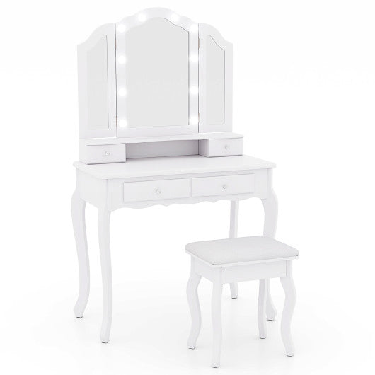 Makeup Vanity Table Set with Lighted Mirror and Drawers-White
