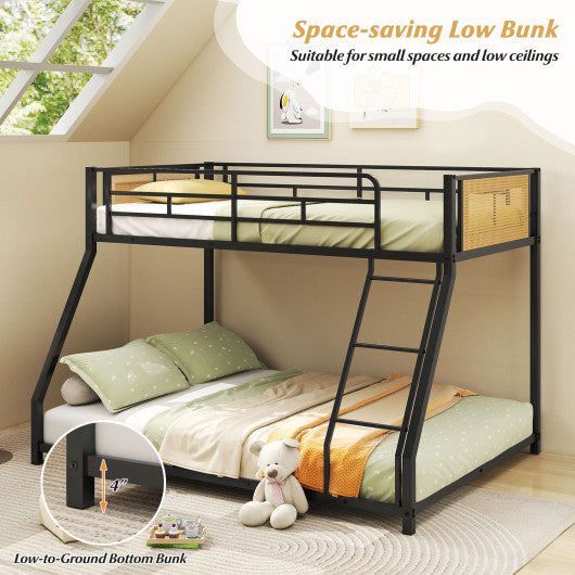 Metal Bunk Bed Twin Over Full with Full Length Safety Guardrail and Ramp Ladder-Black