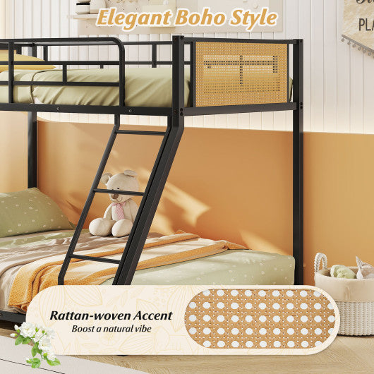 Metal Bunk Bed Twin Over Full with Full Length Safety Guardrail and Ramp Ladder-Black