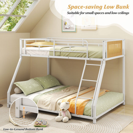 Metal Bunk Bed Twin Over Full with Full Length Safety Guardrail and Ramp Ladder-White