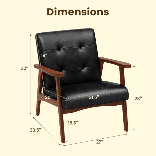 Mid Century Accent Chair with Solid Rubber Wood Frame and Leather Cover-Black