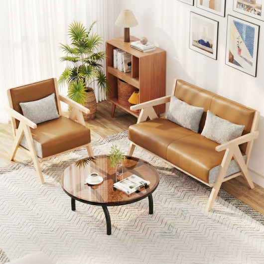 Mid-Century Modern Accent Chair Artificial Leather Sofa Chair with Rubber Wood Frame-Brown